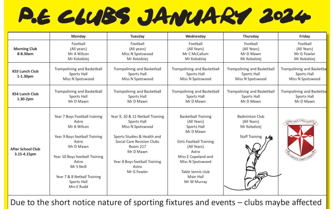 Updated PE Clubs Timetable